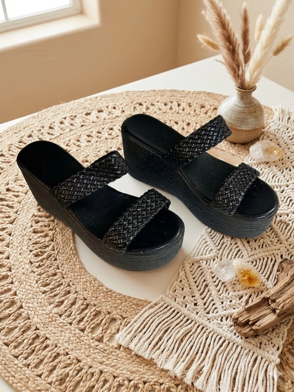 SHEIN Black Woven Double-Strap Platform Slides